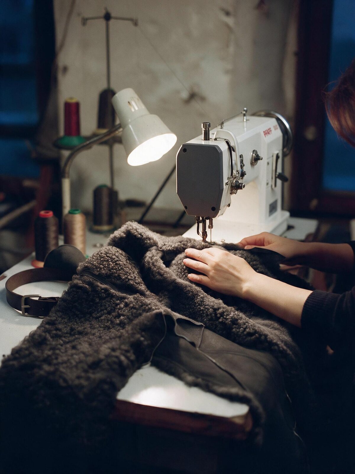 A machinist guiding a grey curly shearling coat under the needle of a Pfaff 1245 industrial sewing machine in the atelier