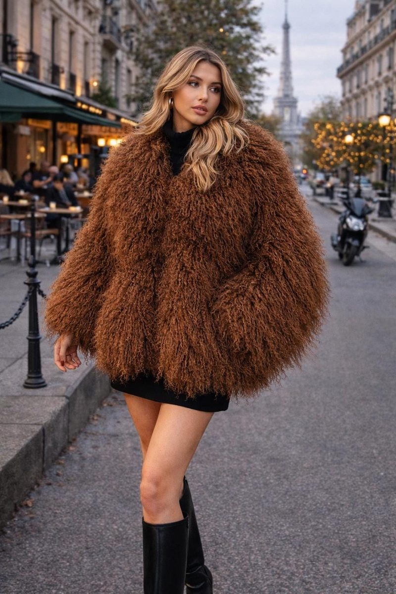 Copper brown shaggy Mongolian fur jacket on a Paris street