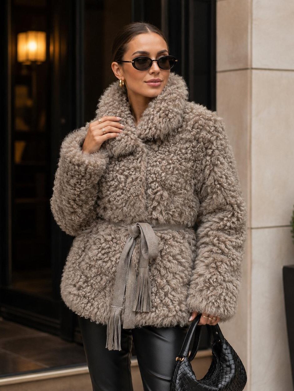 Grey reversible Spanish lambskin tigrado fur coat with fringed belt, in a dark doorway