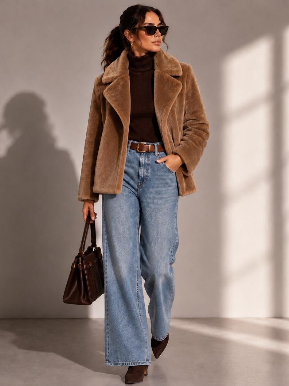Camel merino fur blazer jacket worn with jeans, sunlit wall