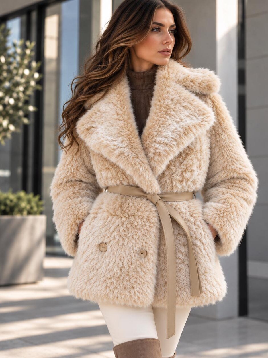 Cream double-breasted reversible Icelandic lambskin hippie fur coat with notched lapel, tied at the waist