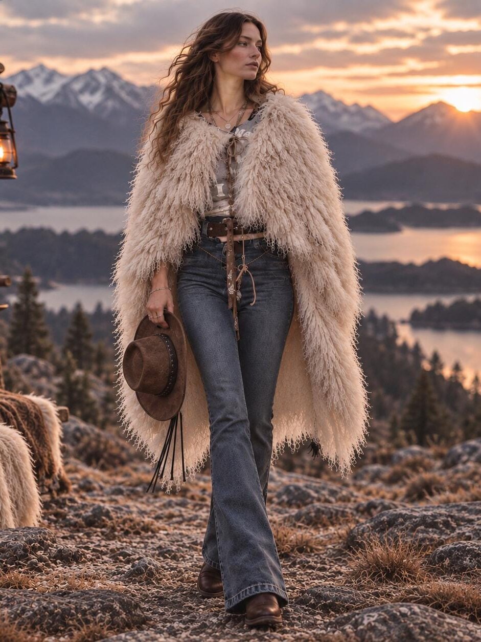 Long-haired Mongolian sheepskin shoulder cape, worn over denim at a mountain lake at sunset