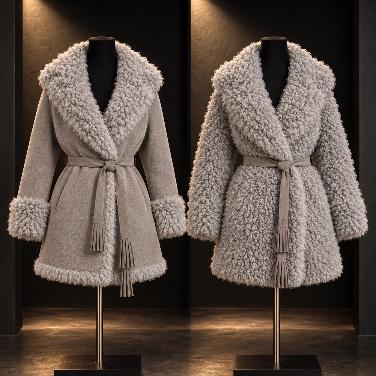 The same reversible curly shearling coat on two mannequins: suede side out on the left, shearling side out on the right